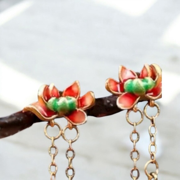 LOTUS FLOWER EARRINGS W GOLD ENAMEL AND WHITE WATER DROPLET - Picture 5 of 5